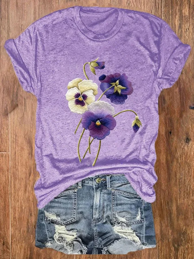 Women's Alzheimer's Awareness Purple Floral Print Crew Neck T-Shirt socialshop