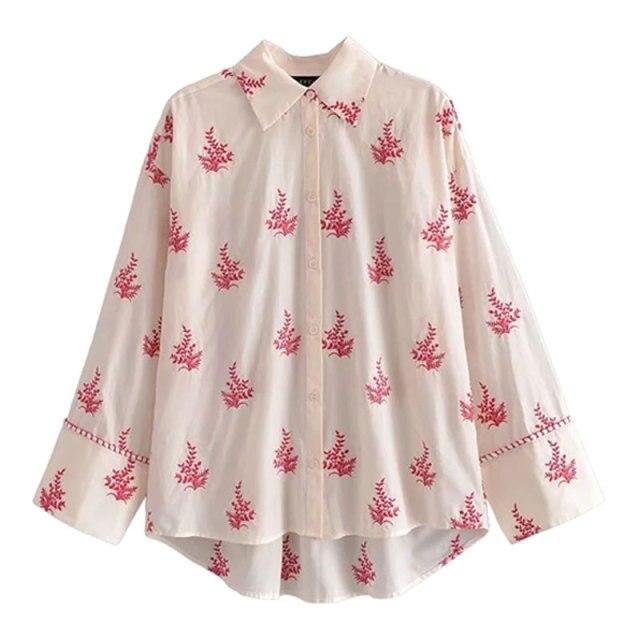 Summer Women Shirts ZA Vintage Embroidery Printing Long sleeve Blouses Loose Fashion Female Single-breasted Chic Tops - Shop Trendy Women's Fashion | TeeYours