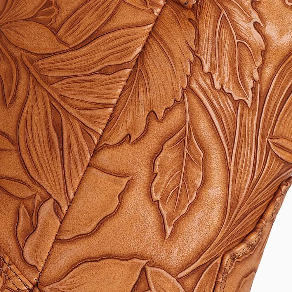 Brown Square Toe Chunky Heel Floral Embossed Women's Western Boots