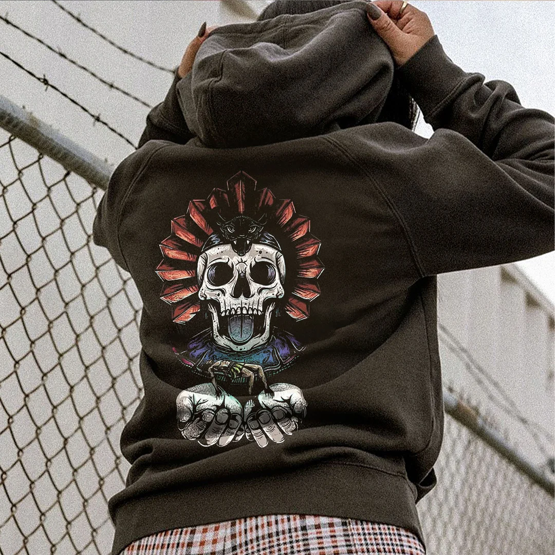 Skull with Bat Helmet Begging Gesture Graphic  Black Print Hoodie