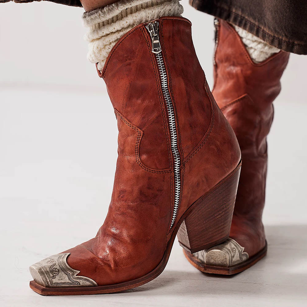 Brown Metallic Snip Toe Western-Inspired Ankle Boots with Chunky Heels