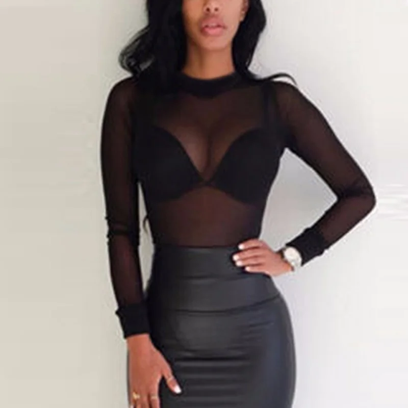 Brownm Brownm Elastic Tight Perspective Sexy Mesh Bottom Shirt Transparent Long Sleeve T-Shirt Women's Lace Shirt