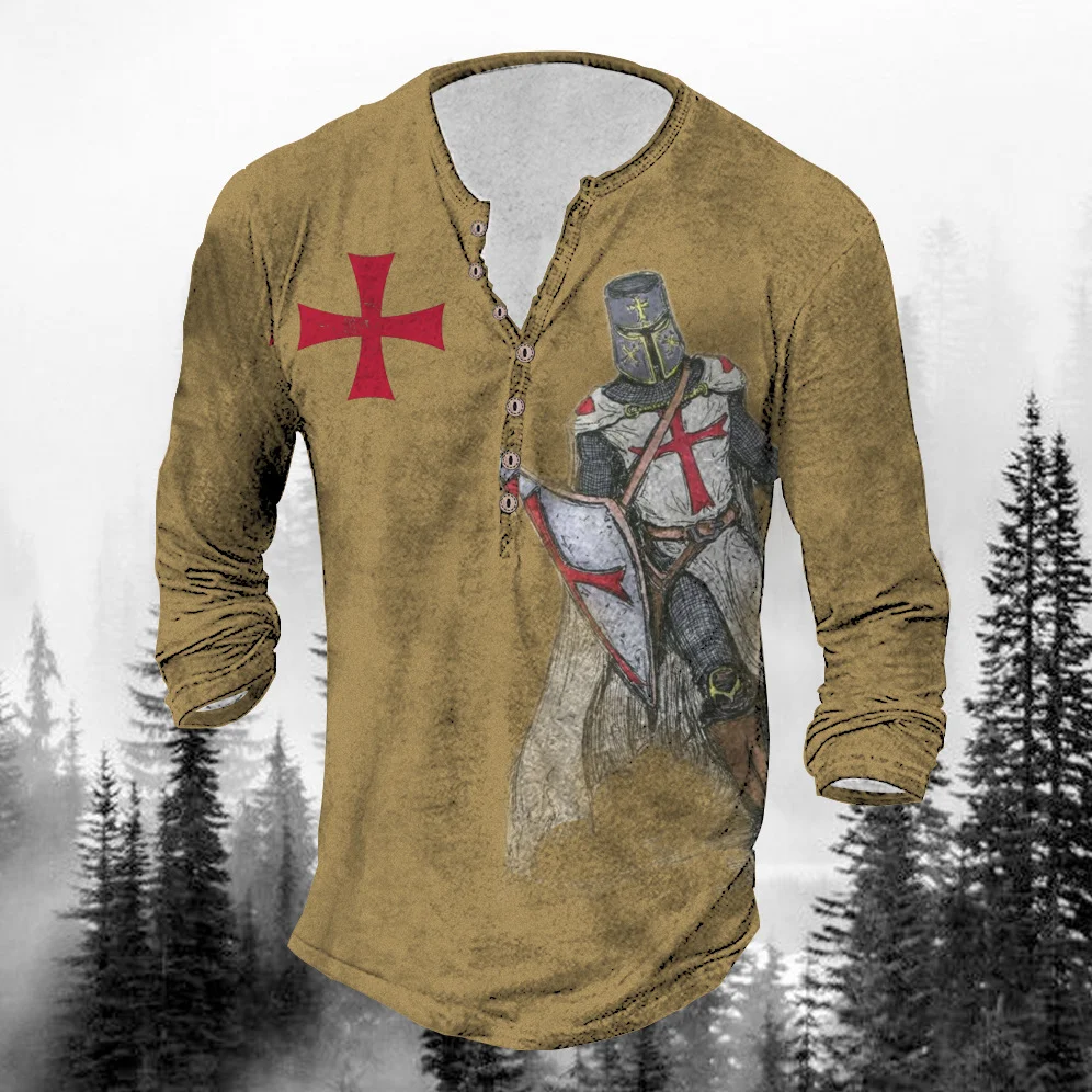 Men's Retro Knight Print Long Sleeve Henley T-shirt