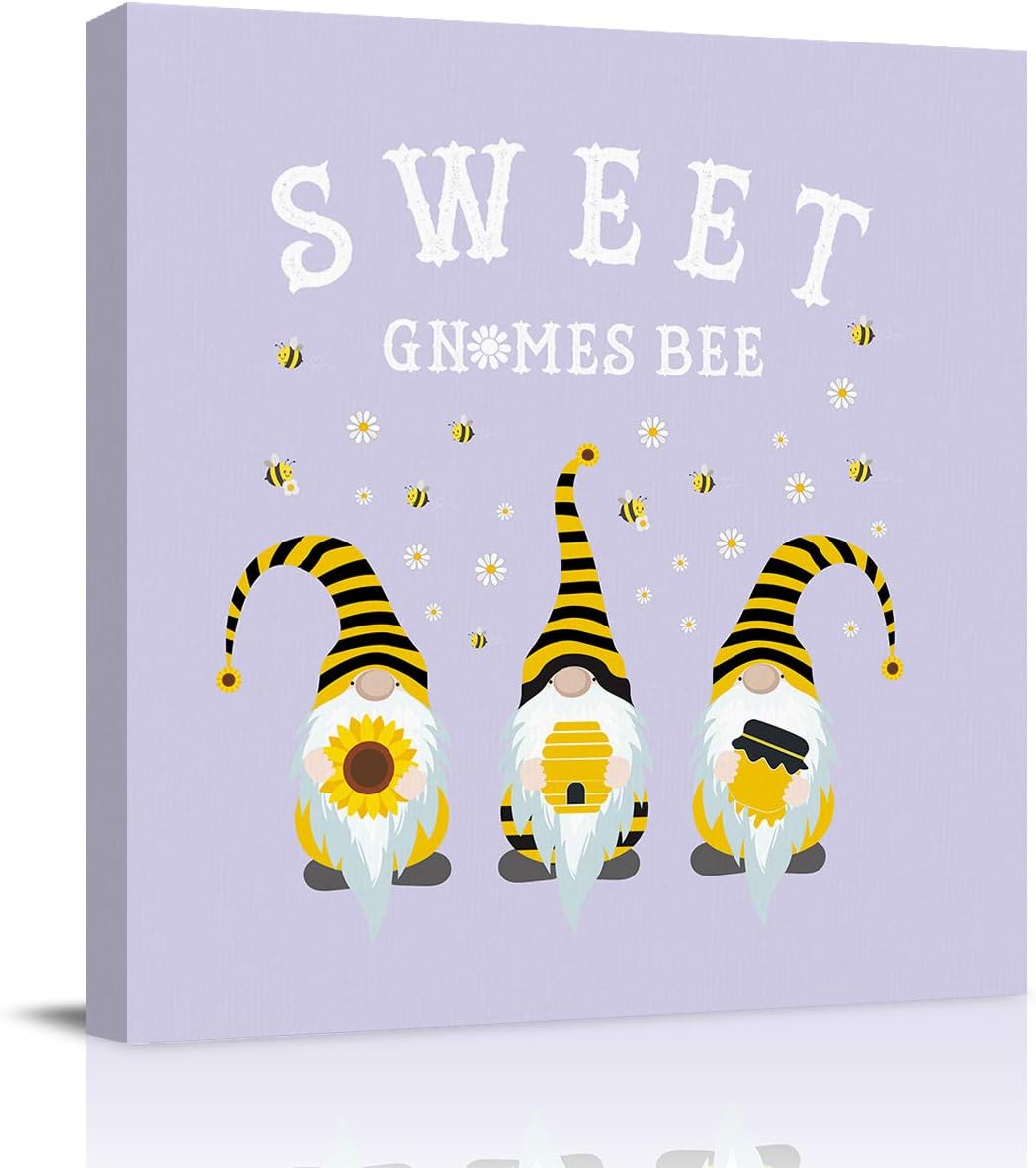 Canvas Wall Art for Living Room Sweet Gnomes Bee Dwarf Daisy Purple Canvas Prints Picture Framed Wall Decor for Holiday Bedroom Bathroom Framhouse Office Home Decoration, 24 inch x24 inch  24 x 24 in