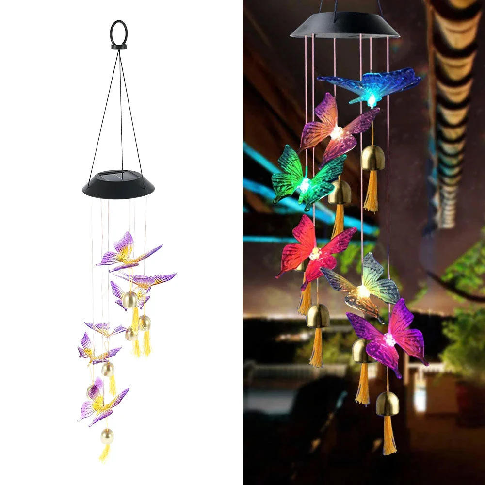 Solar Butterfly Wind Chime Night Light Outdoor Garden Decor