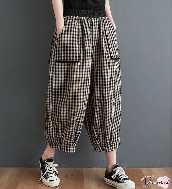 Yellow Pockets Loose Cotton Crop Pants High Waist Summer