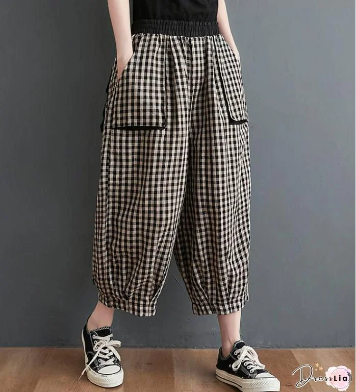 Yellow Pockets Loose Cotton Crop Pants High Waist Summer