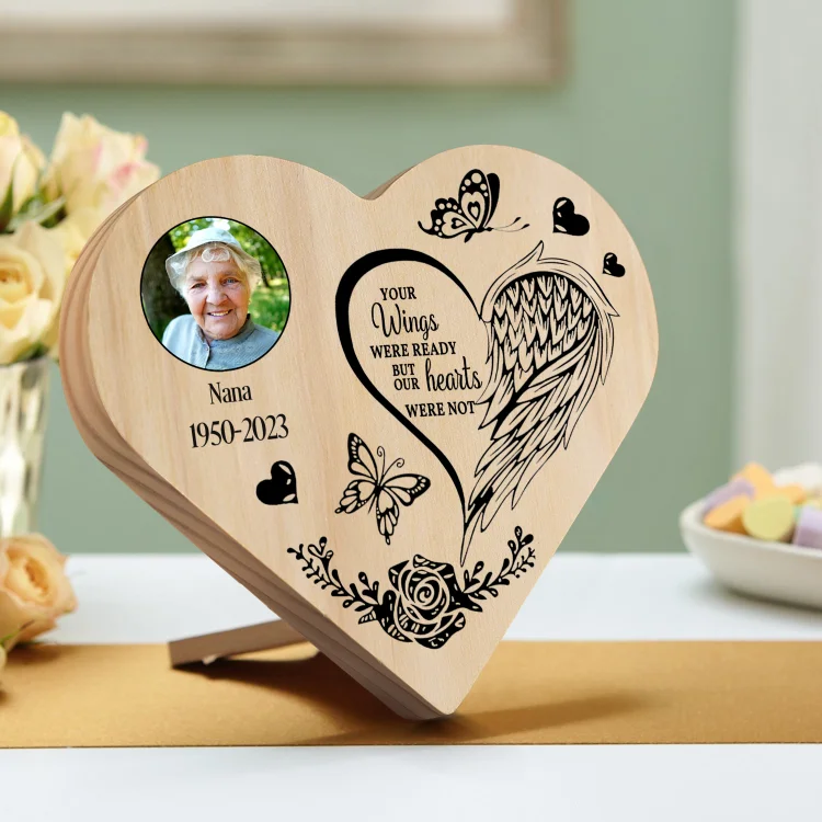 Personalized Memorial Wood Heart Ornament-Custom Heart Wooden Photo Desktop Decoration-Your Wings Were Ready But My Heart Wasn't