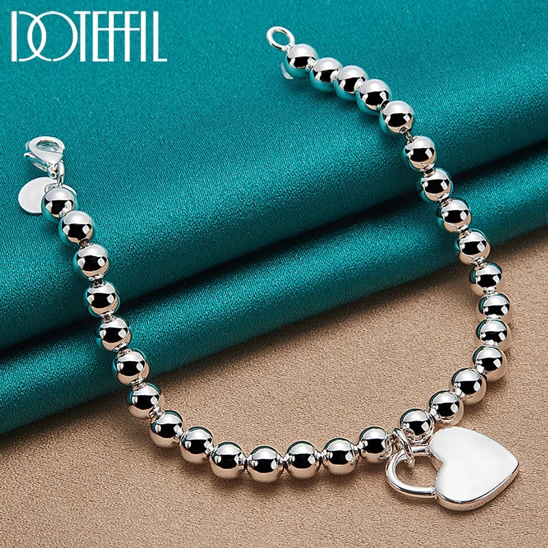 925 Sterling Silver Heart Lock 6mm Beads Chain Bracelets For Women Jewelry