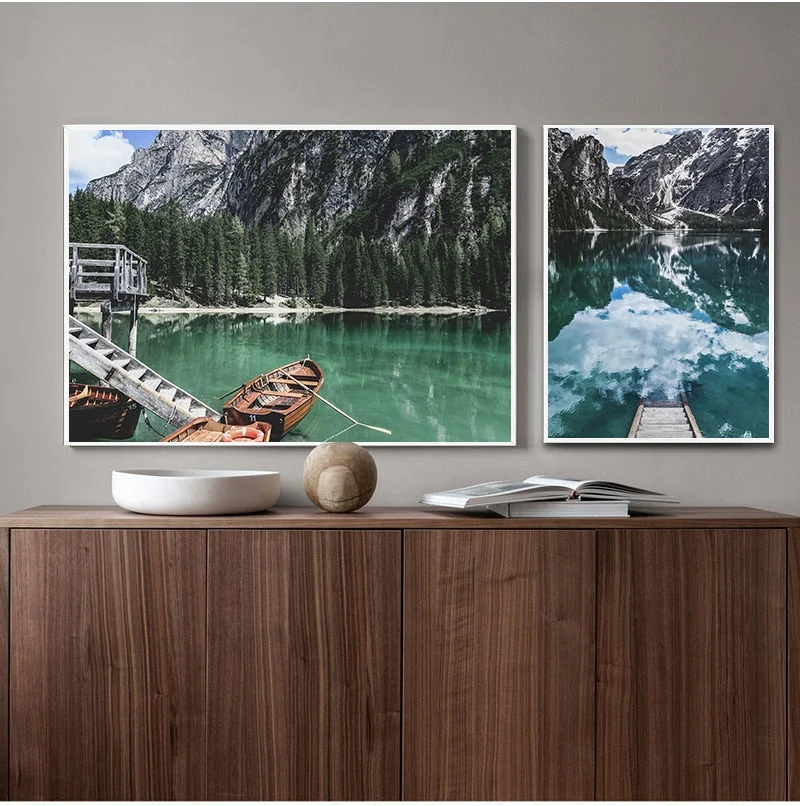 Mountain Lake Print Lago Di Braies Canvas Poster Painting Train Landscape Wall Art Modern Living Room Home Decor Wall Pictures