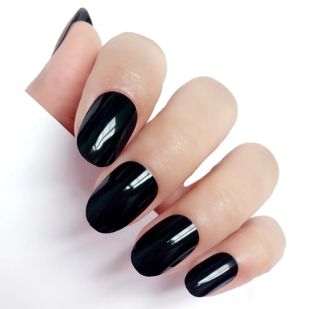 24Pcs Shiny Black Short Fake Nail For Design Macaron Press On Artificial False Nails DIY Full Cover Tips Manicure Tool-Nail Inspo