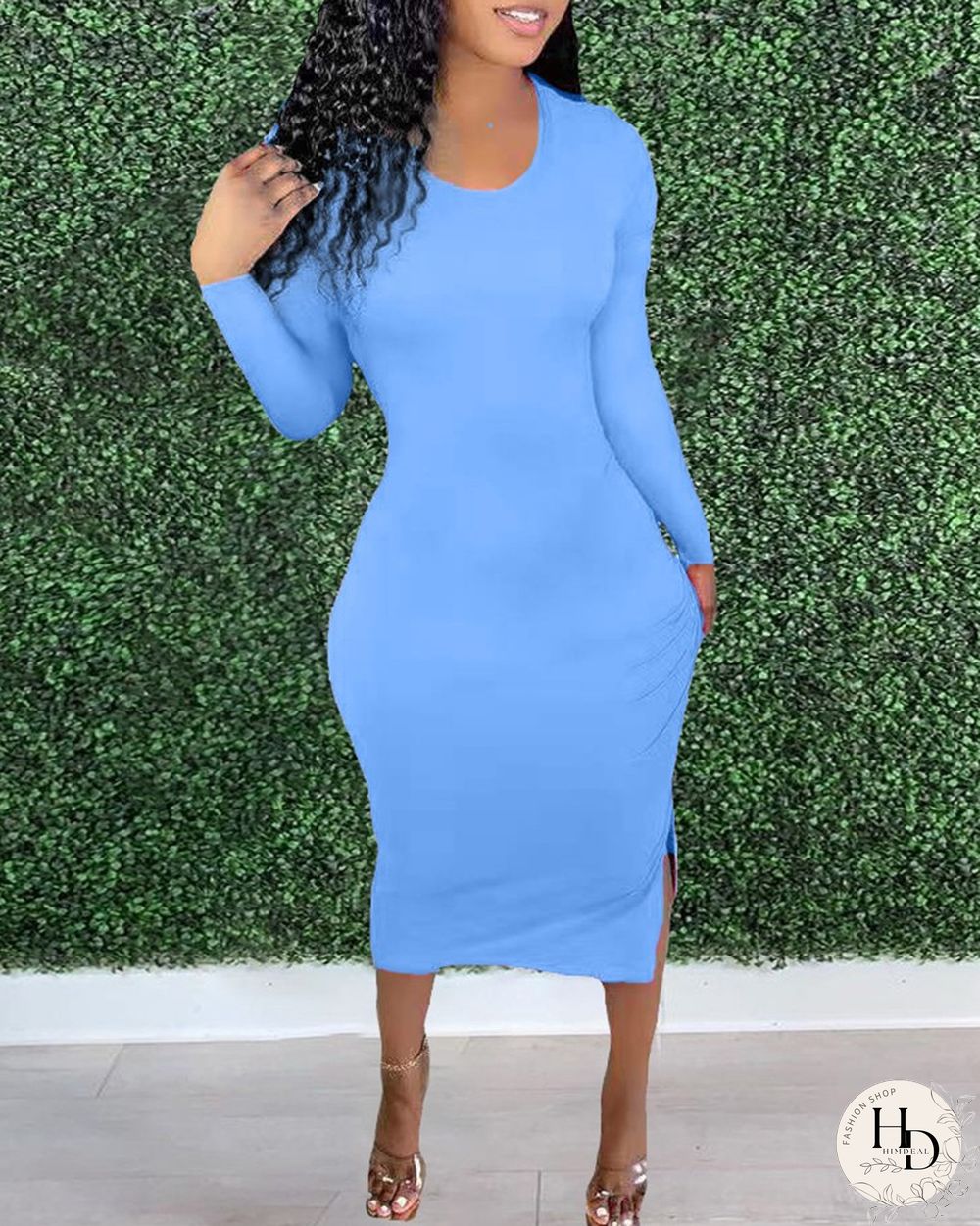 Ruched Drawstring Frill Hem High Slit Midi Dress