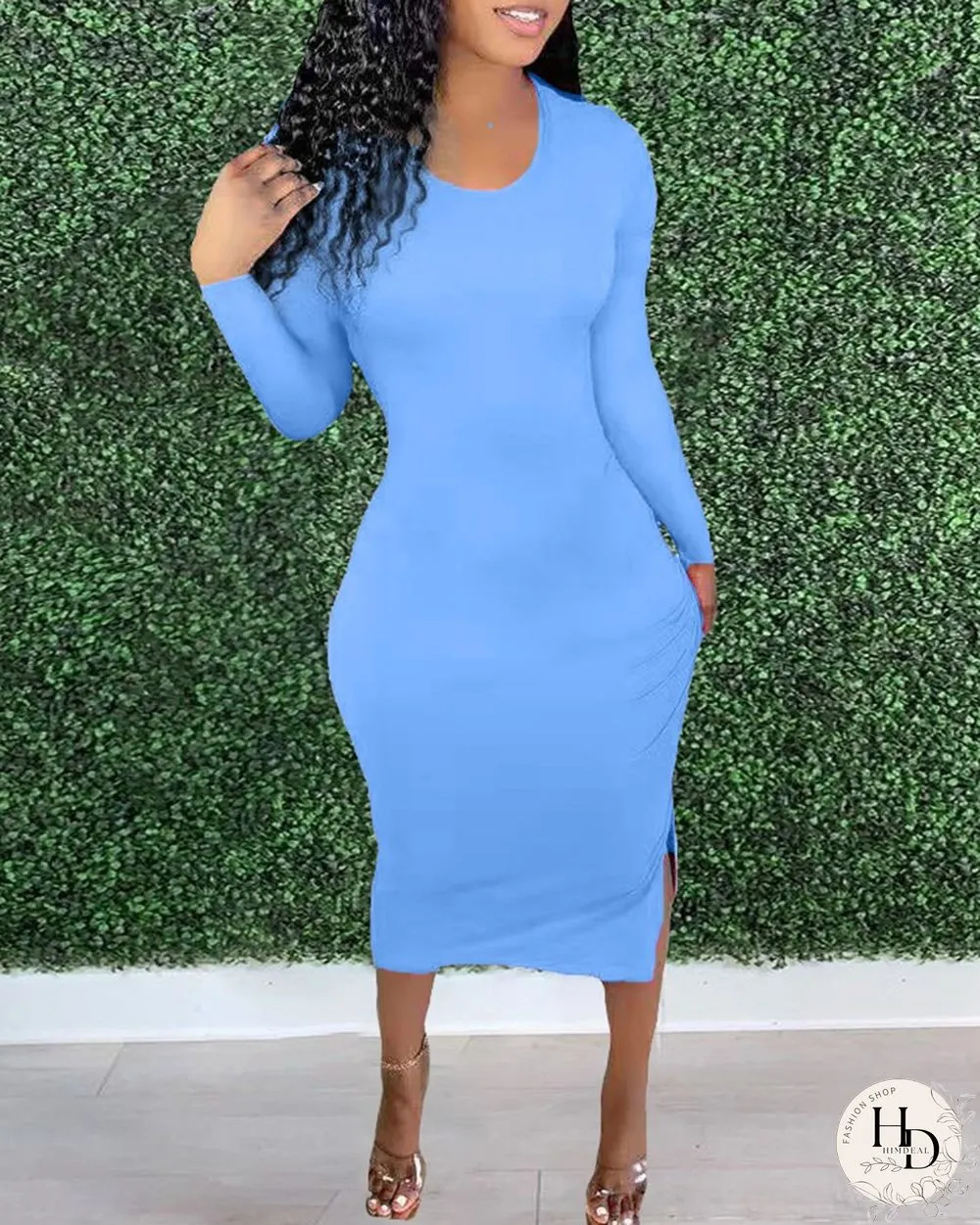 Ruched Drawstring Frill Hem High Slit Midi Dress