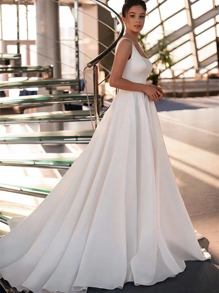 Girlwedding Modern Wedding Dresses 2024 Satin Square-Collar Bride Gowns Floor-Length Sleeveless Robe Backless Sexy Vestidos De Novia