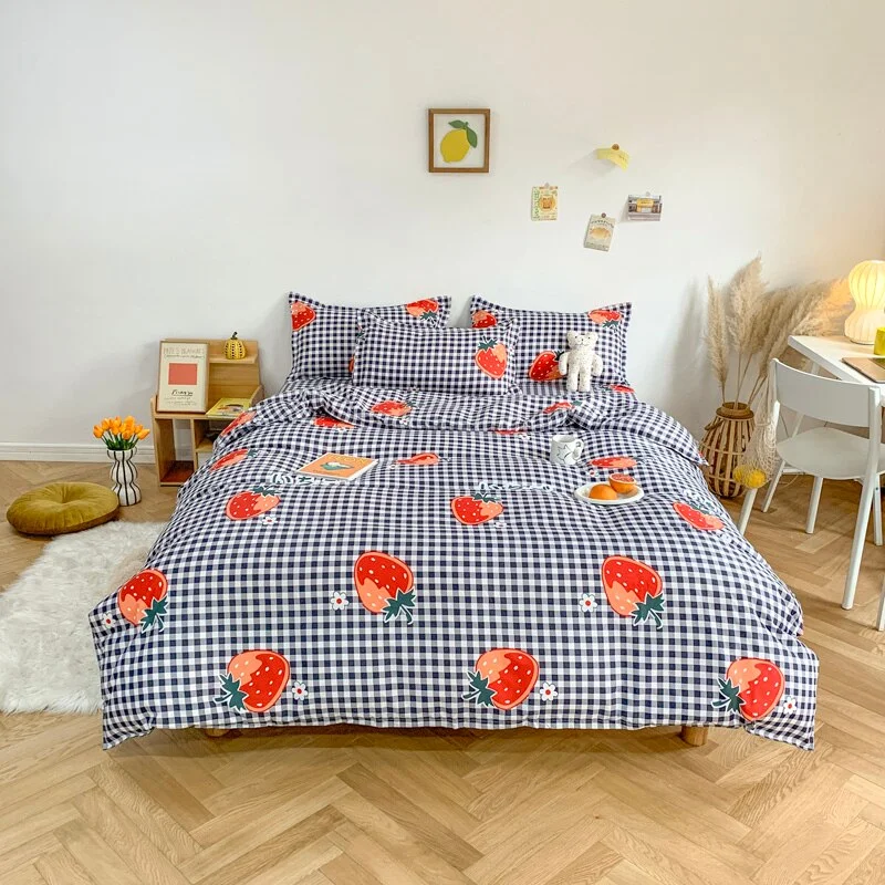 Modern Strawberry Plaid Style Bedding Set Bed Sheet Home Printed Quilt Covers Double Queen King Size Duvet Cover Sets For Adult