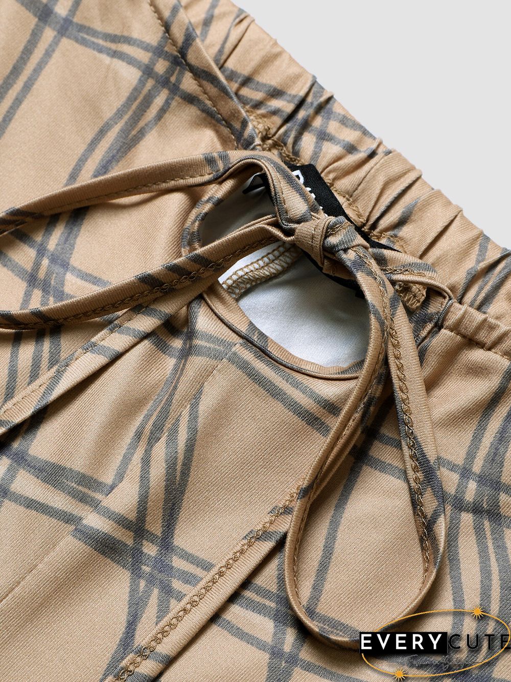 Check Print Tie Waist Hollow Bootcut Leg Pants