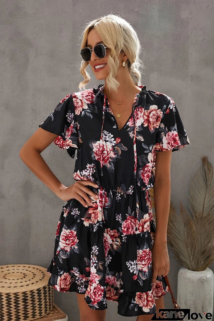 Black Floral Split Neck Flutter Short Sleeve Flowy Tunic Dress