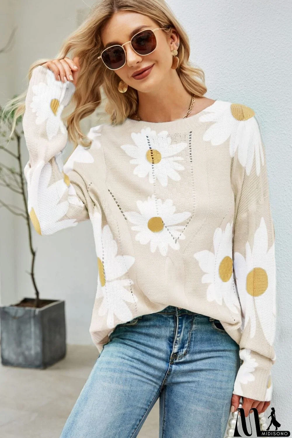 MidiSono - Daisy Print Openwork Round Neck Sweater