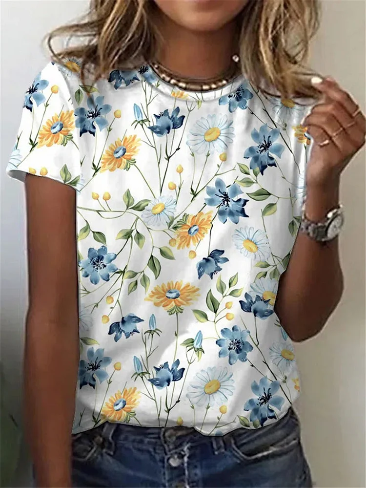 Flower Print Short Sleeve V Neck T-Shirt socialshop