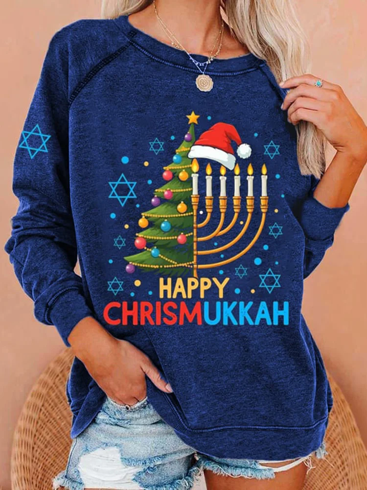 Women's Happy Chrismukkah Printed Crew Neck Sweatshirt