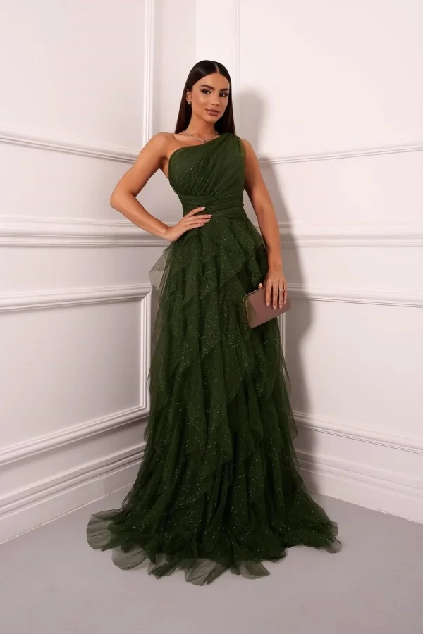 Green Tulle A-Line One-Shoulder Ripple Prom Dress ZT0560