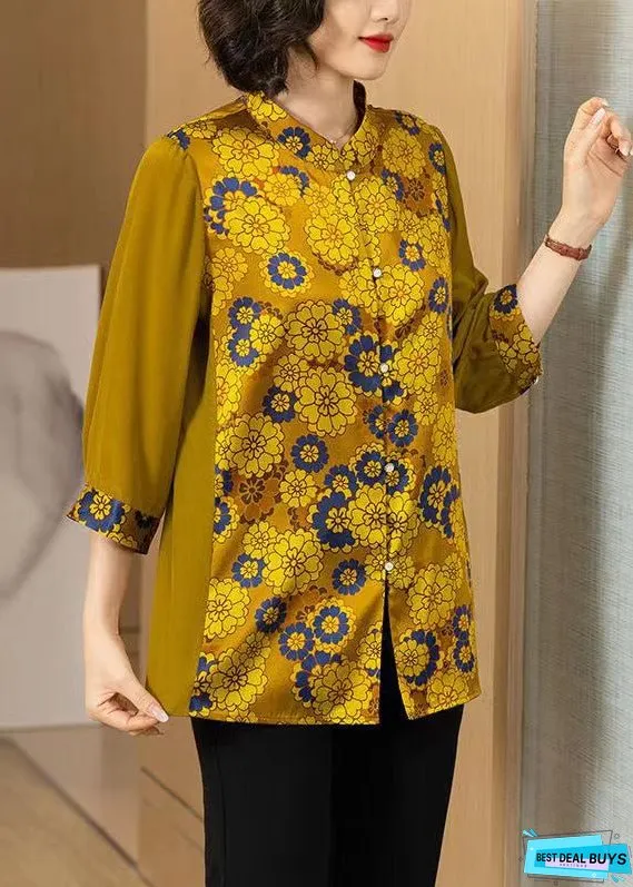Women Yellow Print Button Patchwork Silk Shirt Bracelet Sleeve