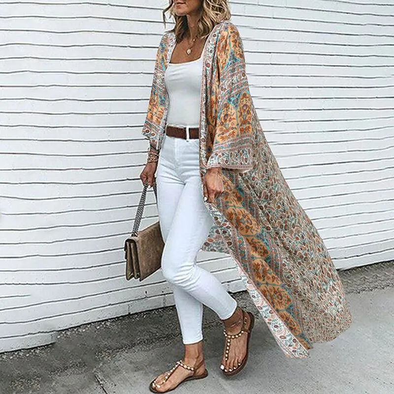 Summer Bohemian Floral Long Cardigan Women Printed Beach Holiday Kimono Tops ZANZEA Vintage 3/4 Sleeve Blusas Loose Long Shirt