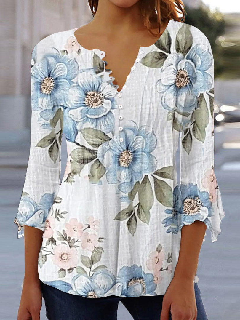 Women Long Sleeve V-neck Graphic Floral Printed Top