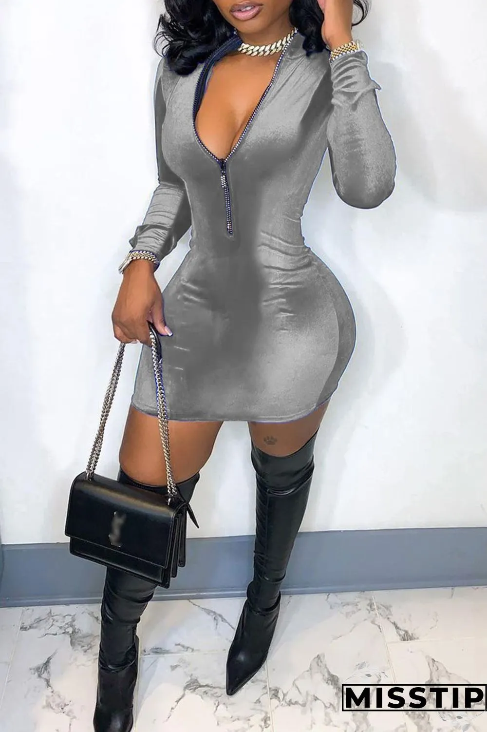 Blue Fashion Casual Solid Patchwork Zipper Collar Long Sleeve Dresses