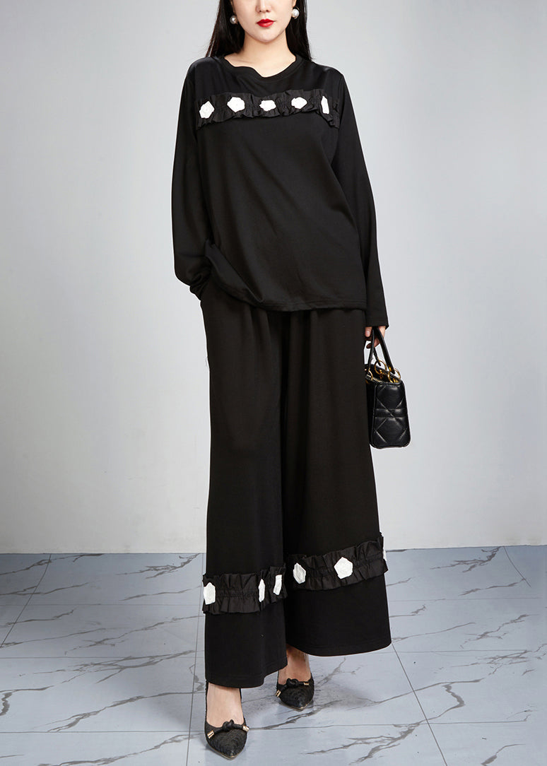 VCSHOES Loose Black Pockets Tops And Wide Leg Pants Cotton Two-Piece Set Fall