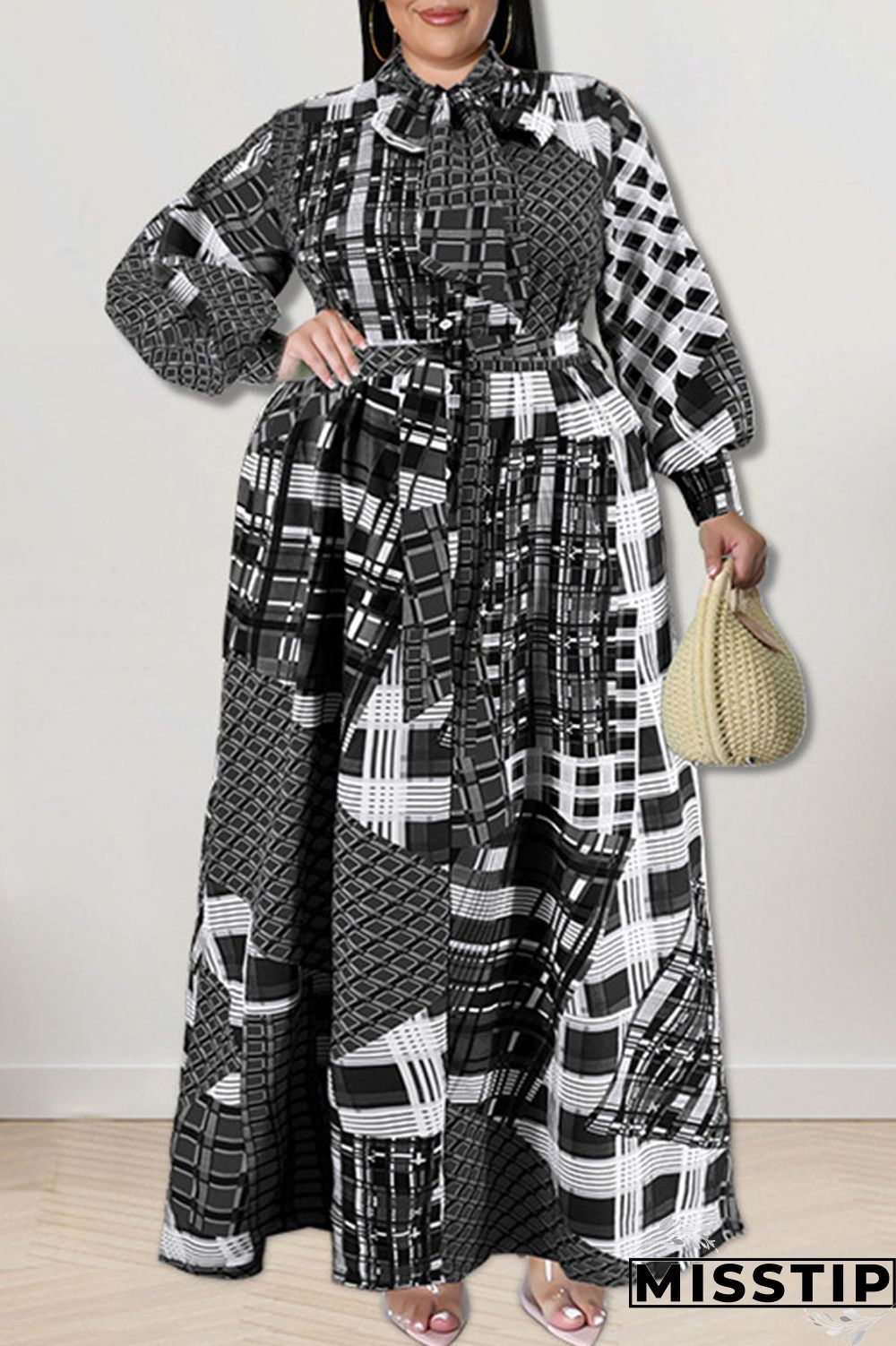 Gold Fashion Casual Print Patchwork Buckle With Bow Shirt Dress Plus Size Dresses