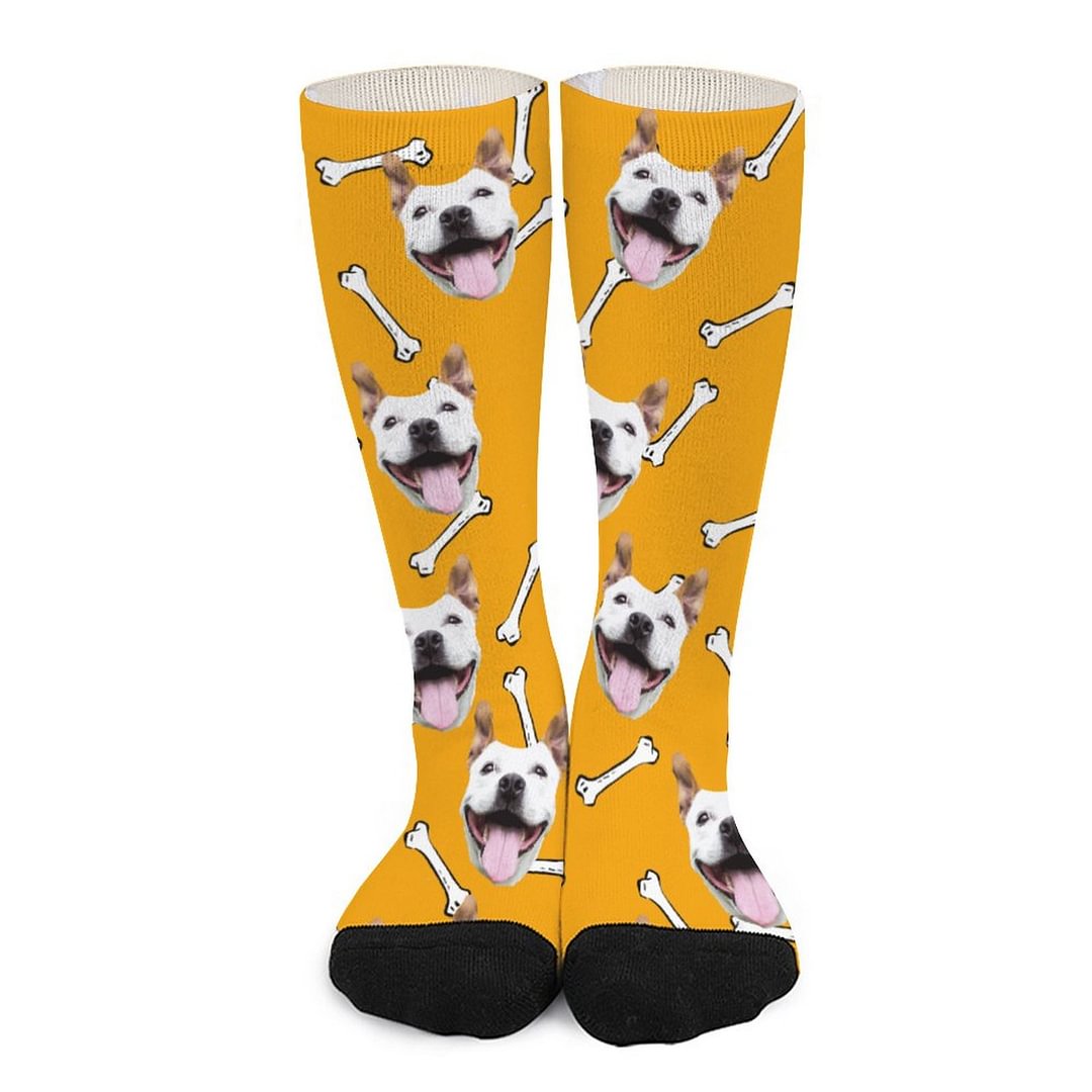 Custom Dog Face on Bones Yellow Socks
