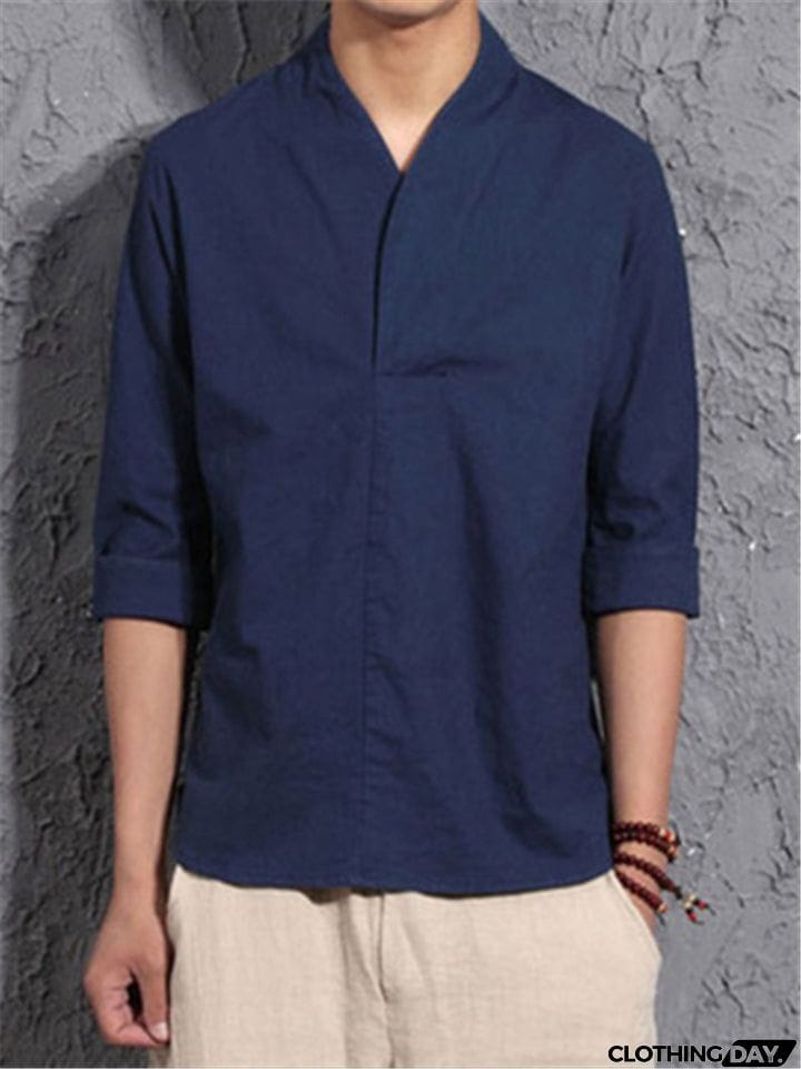 Men Loose 3/4 Sleeve Solid Color Shirts
