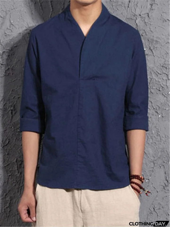 Men Loose 3/4 Sleeve Solid Color Shirts