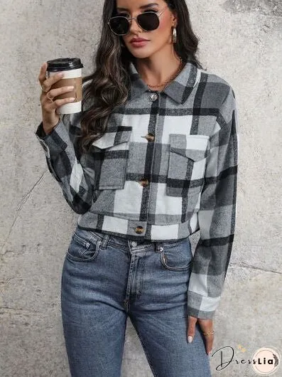 Plaid Button Up Drop Shoulder Cropped Jacket