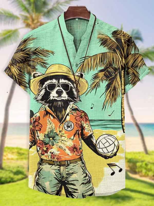 Men's Raccoon Holding Volleyball Art Print V Neck T-Shirt