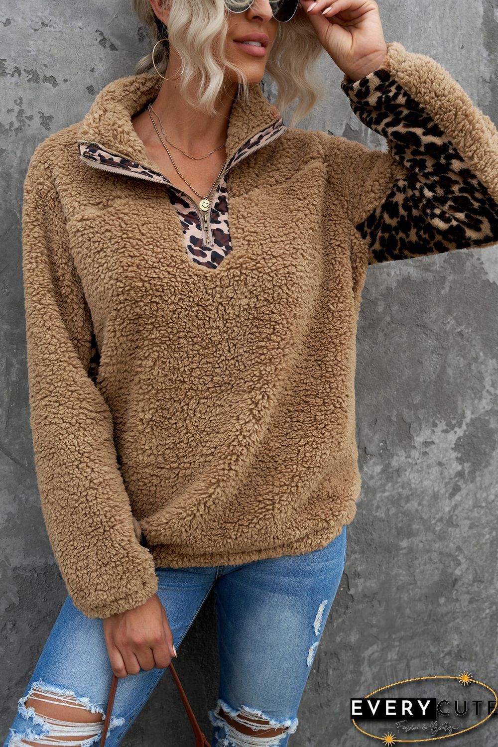 Khaki Turn-down Collar Leopard Splicing Sherpa Sweatshirt