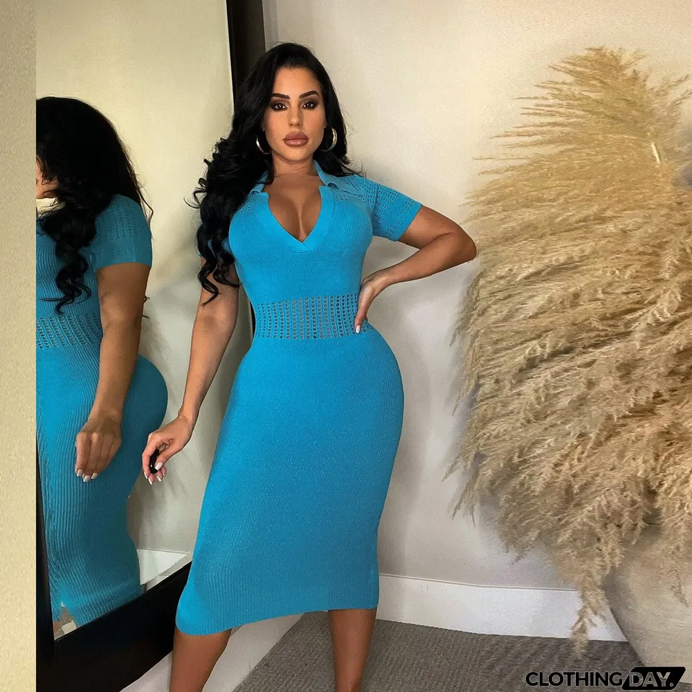 Plus Size Sexy Slim Fit Lapel Sweater Midi Dress