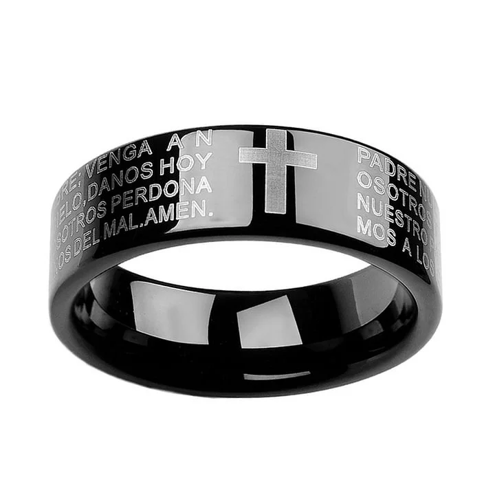 6MM 8MM Spainish Bible Lords Prayer Cross Scratch Prevention Black Tungsten Rings
