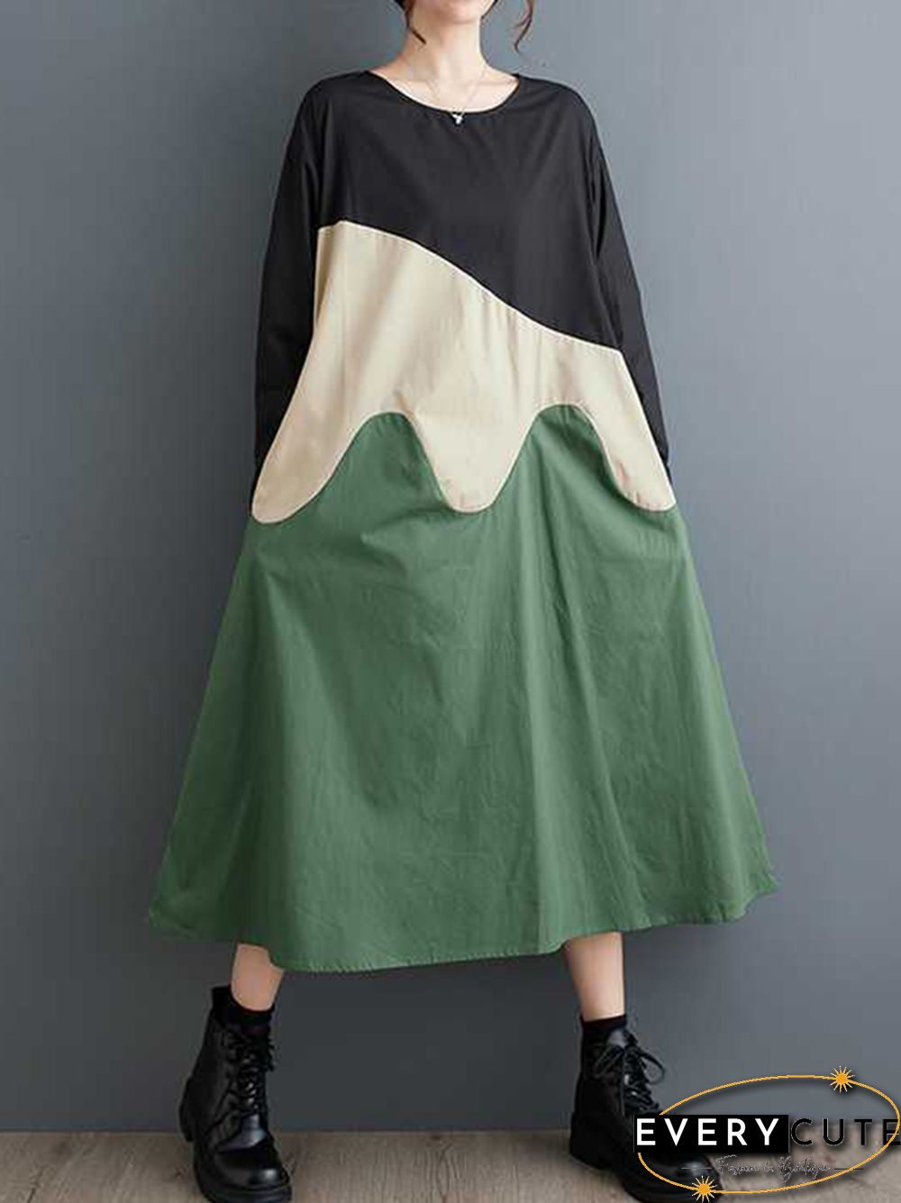 A-Line Long Sleeves Contrast Color Round-Neck Midi Dresses