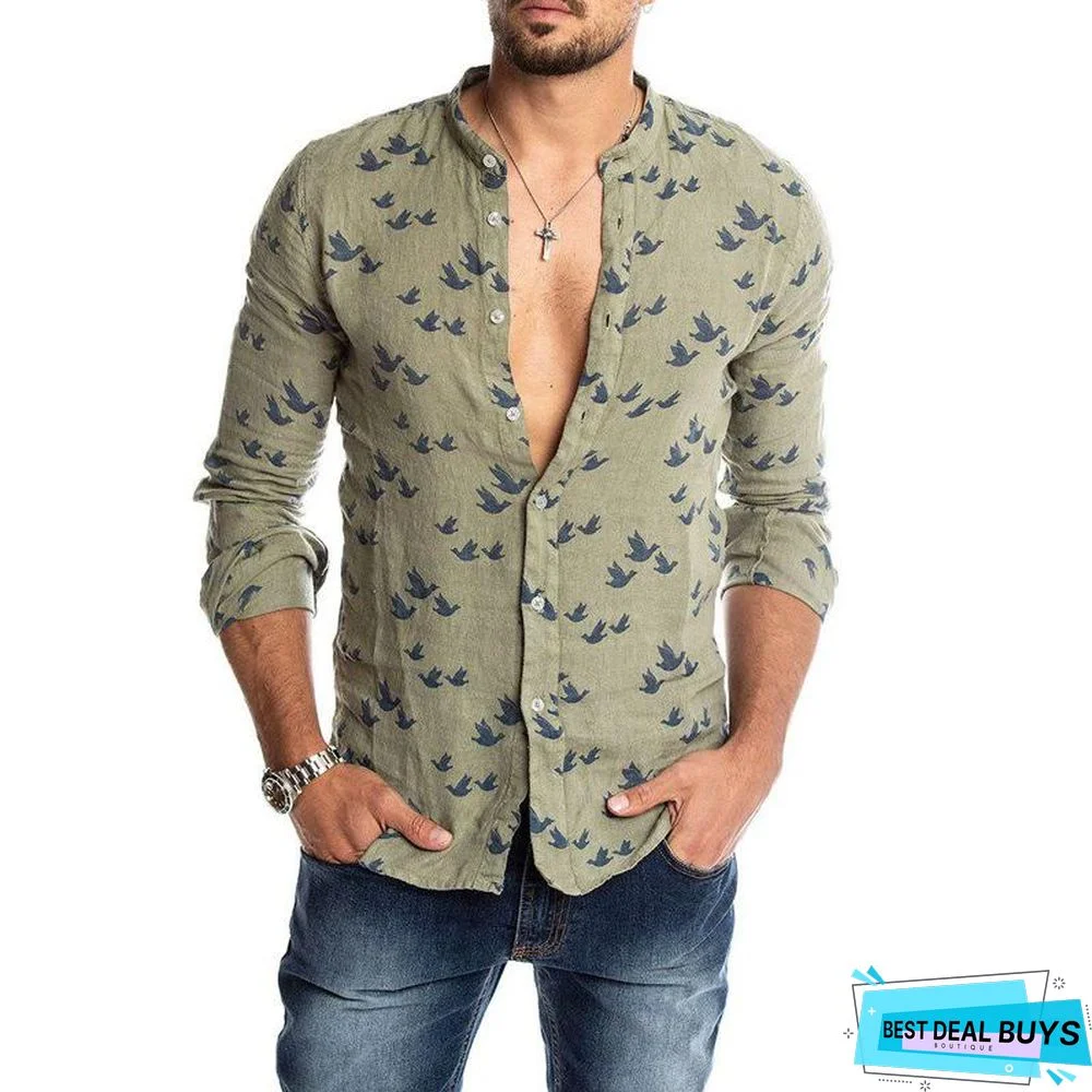 Autumn Mens Fashion Printed Slim Fit Button Placket Shirts