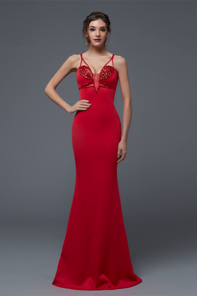 Sexy V-Nekc Spaghetti-Straps Mermaid Prom Dress Long Online With Beadings