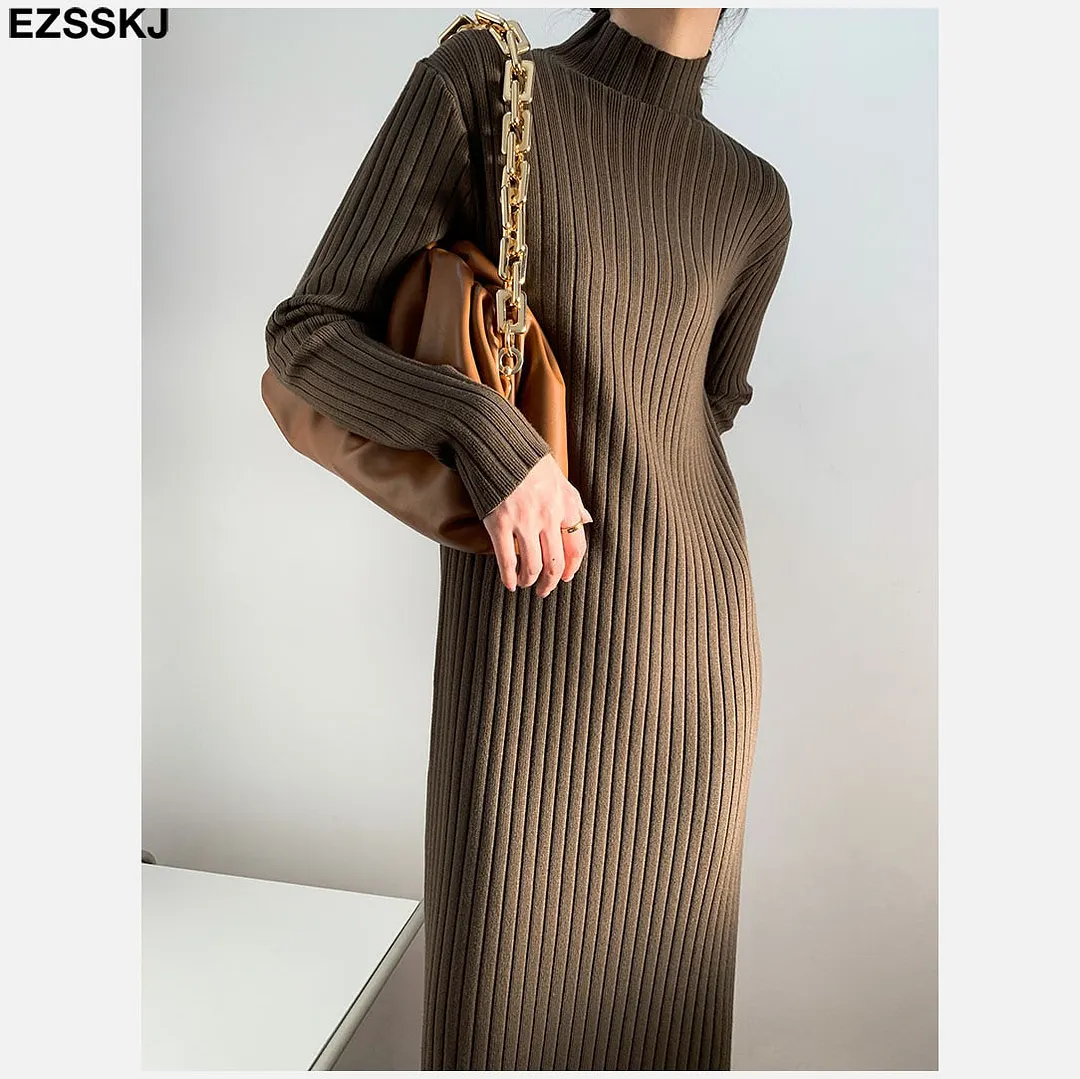 2021 autumn winter thick straight maxi sweater dress women high neck long sweater dress elegant female loose  sexy knit dress