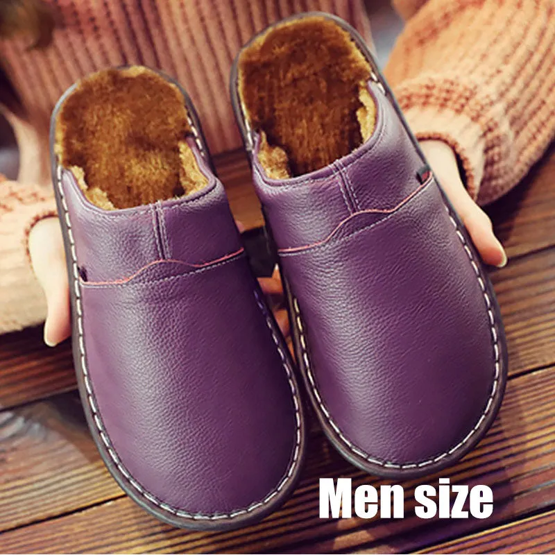 Men's shoes Genuine leather slippers winter superstar sewing Non Slip mens indoor slippers rubber warm house shoes man