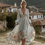 Women's Vintage Bohemian Floral Embroidered Casual Long Sleeve Dress - Image 2