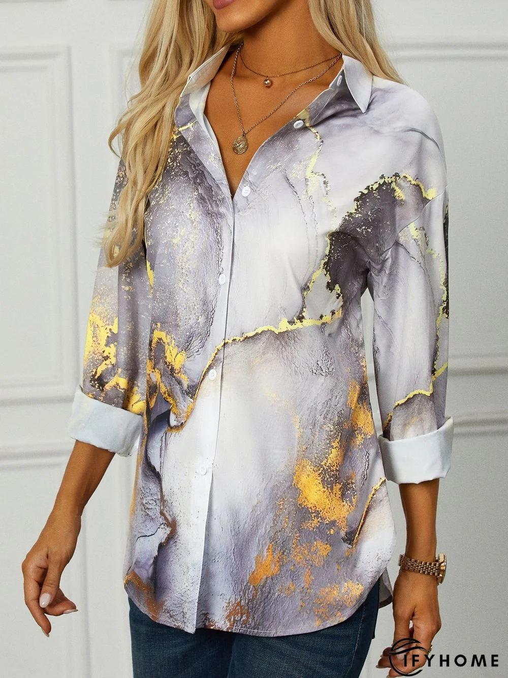 Casual Shawl Collar Abstract Long sleeve Loose Blouse | IFYHOME