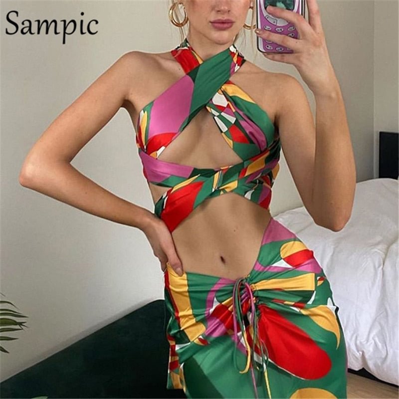 Sampic Sexy Women Summer Beach 2021 Geometric Print Skirt Set Halter Bandage Tops And Midi Ruched Bodycon Skirt Two Piece Set