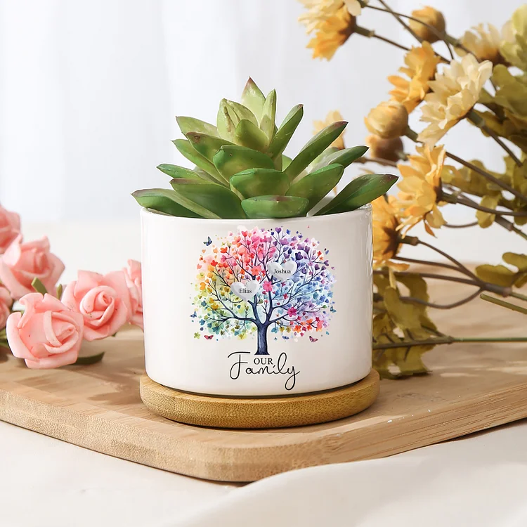 Personalized Ceramic Flowerpot with Wooden Base Custom 2 Names & 1 Text Colorful Family Tree Flowerpot Gift for Mother/Grandma
