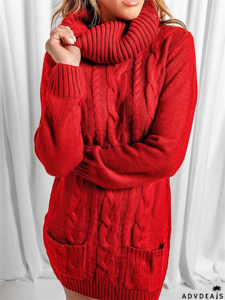 Casual Turtle Neck Knitted Sweater Dresses