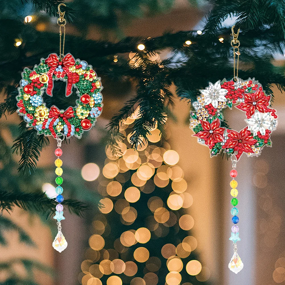 2pcs DIY Wreath Suncatcher Diamond Painting Art Pendant Christmas Home Windows Decor